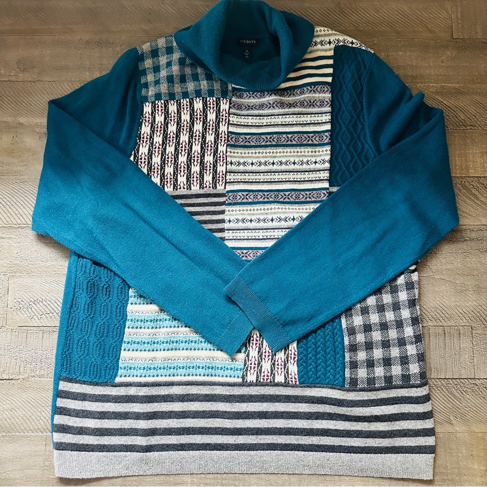 Talbots Teal And Gray Patchwork Turtleneck Sweater - image 2